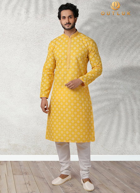 Yellow Colour Outluk Vol 43 New Exclusive Wear Pure Cotton With Digital Print Kurta Pajama Mens Collection 43007
